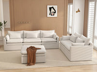 Deluxe Cloud 5-Seater White Large Space Sofa Set | 6-Piece (Includes 1 Ottoman), Linen Look Poly Fabric, Easy To Clean