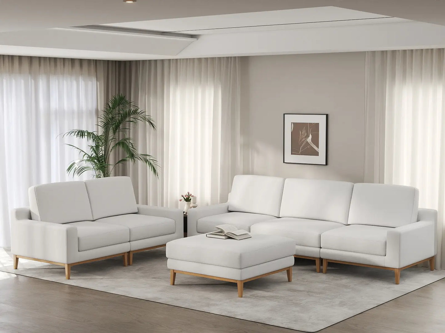 Deluxe Cloud 5-Seater White Large Space Sofa Set | 6-Piece (Includes 1 Ottoman), Linen Look Poly Fabric, Easy To Clean