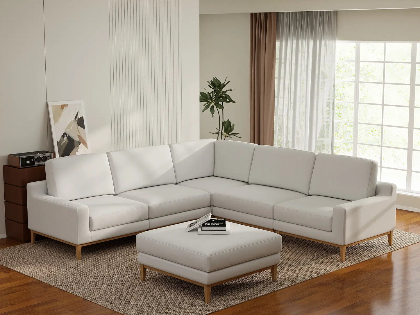 Deluxe Cloud 5-Seater White Large Space Sofa Set | 6-Piece (Includes 1 Ottoman), Linen Look Poly Fabric, Easy To Clean