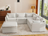 Deluxe Cloud 5-Seater White Large Space Sofa Set | 6-Piece (Includes 1 Ottoman), Linen Look Poly Fabric, Easy To Clean