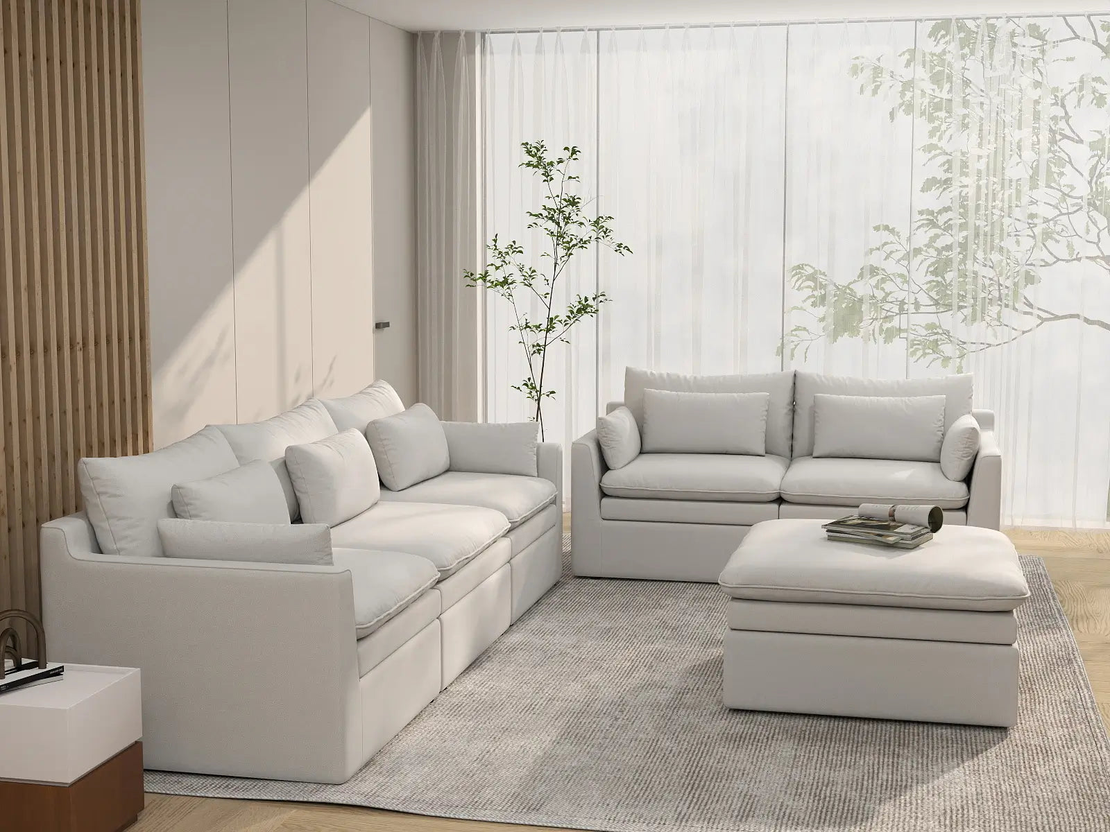 Deluxe Cloud 5-Seater White Large Space Sofa Set | 6-Piece (Includes 1 Ottoman), Linen Look Poly Fabric, Easy To Clean