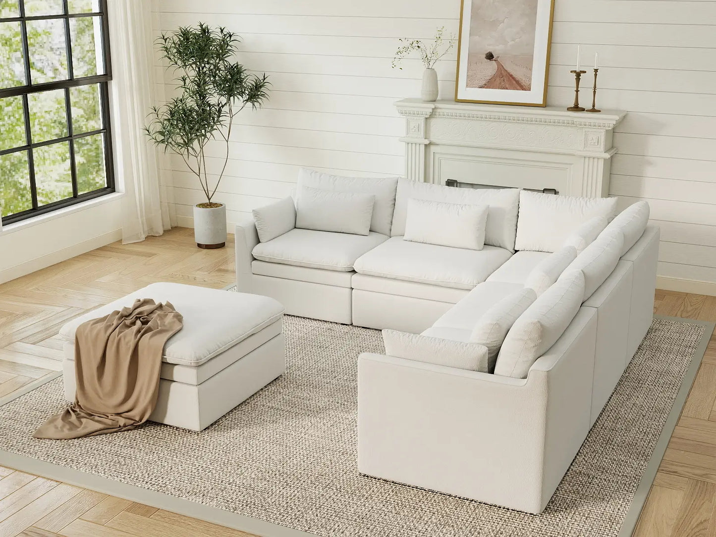 Deluxe Cloud 5-Seater White Large Space Sofa Set | 6-Piece (Includes 1 Ottoman), Linen Look Poly Fabric, Easy To Clean