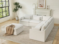 Deluxe Cloud 5-Seater White Large Space Sofa Set | 6-Piece (Includes 1 Ottoman), Linen Look Poly Fabric, Easy To Clean