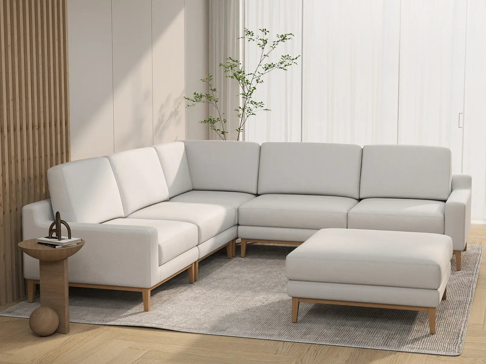 Deluxe Cloud 5-Seater White Large Space Sofa Set | 6-Piece (Includes 1 Ottoman), Linen Look Poly Fabric, Easy To Clean