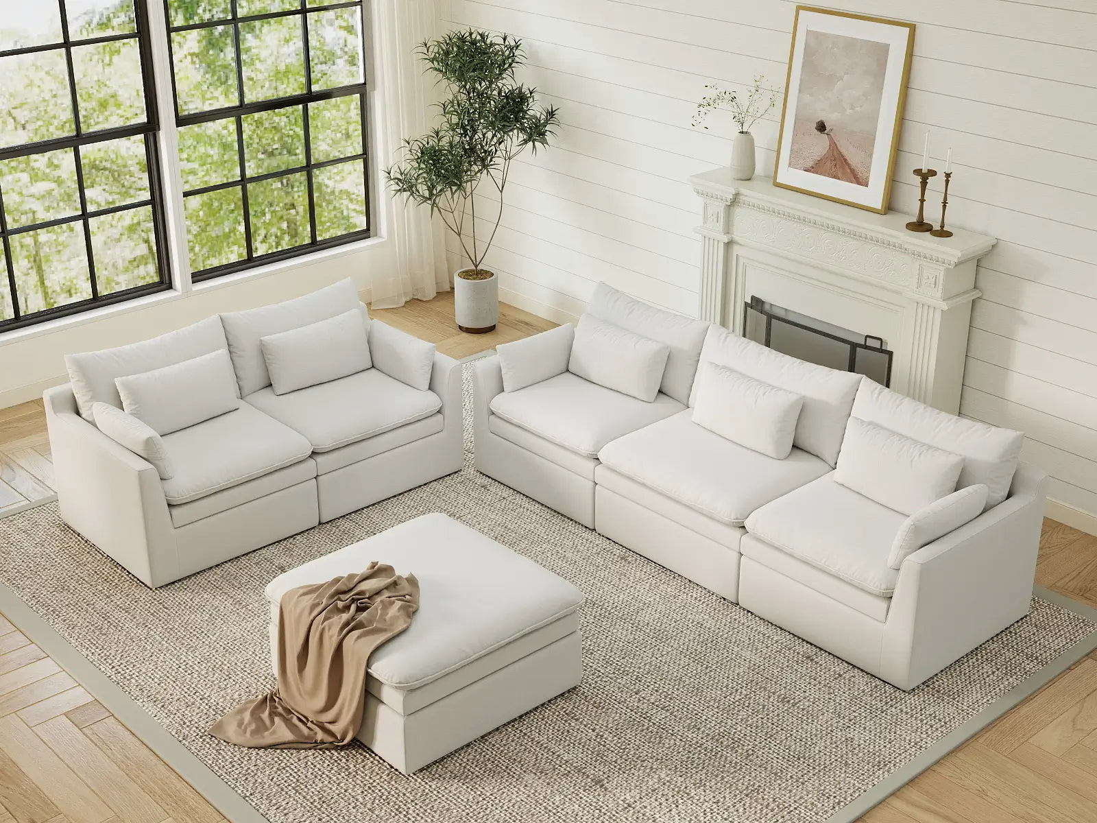 Deluxe Cloud 5-Seater White Large Space Sofa Set | 6-Piece (Includes 1 Ottoman), Linen Look Poly Fabric, Easy To Clean