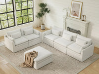 Deluxe Cloud 5-Seater White Large Space Sofa Set | 6-Piece (Includes 1 Ottoman), Linen Look Poly Fabric, Easy To Clean