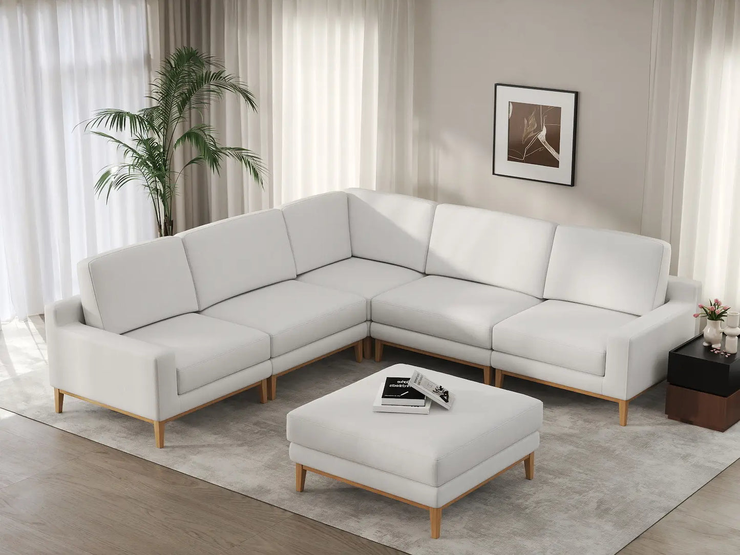Deluxe Cloud 5-Seater White Large Space Sofa Set | 6-Piece (Includes 1 Ottoman), Linen Look Poly Fabric, Easy To Clean