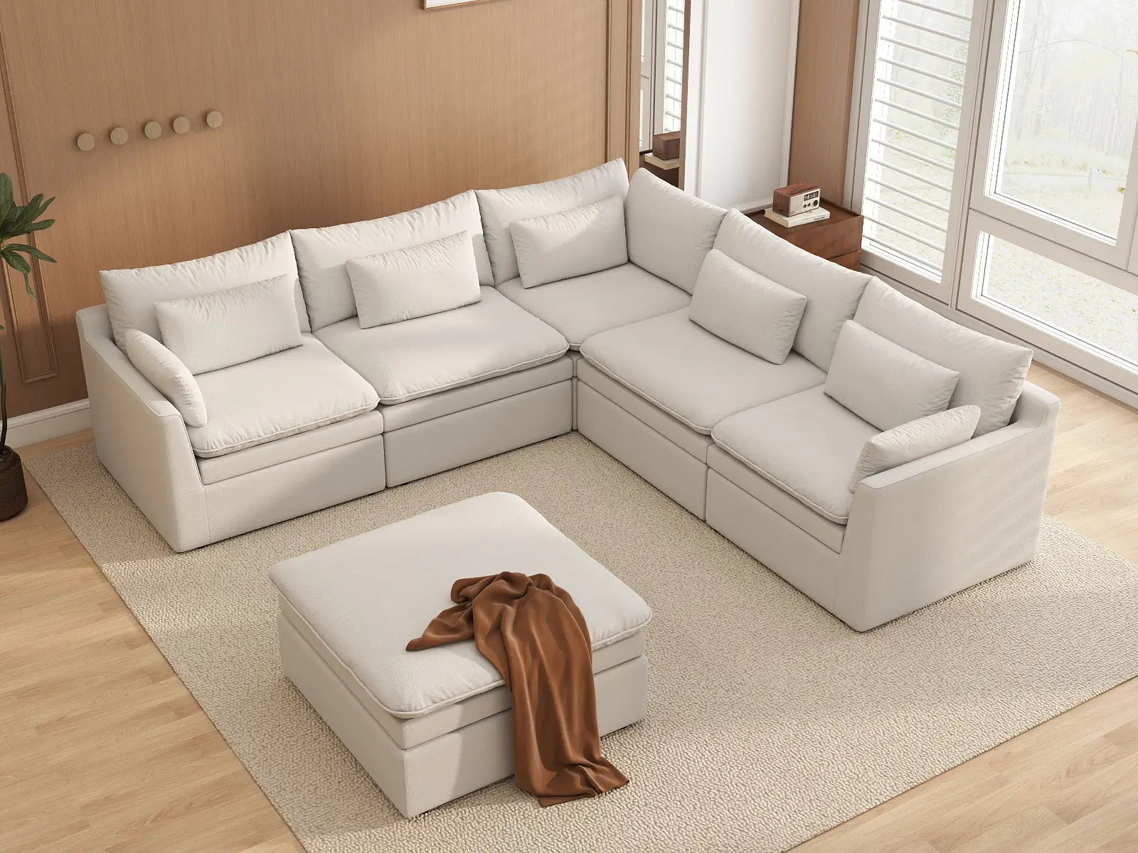 Deluxe Cloud 5-Seater White Large Space Sofa Set | 6-Piece (Includes 1 Ottoman), Linen Look Poly Fabric, Easy To Clean