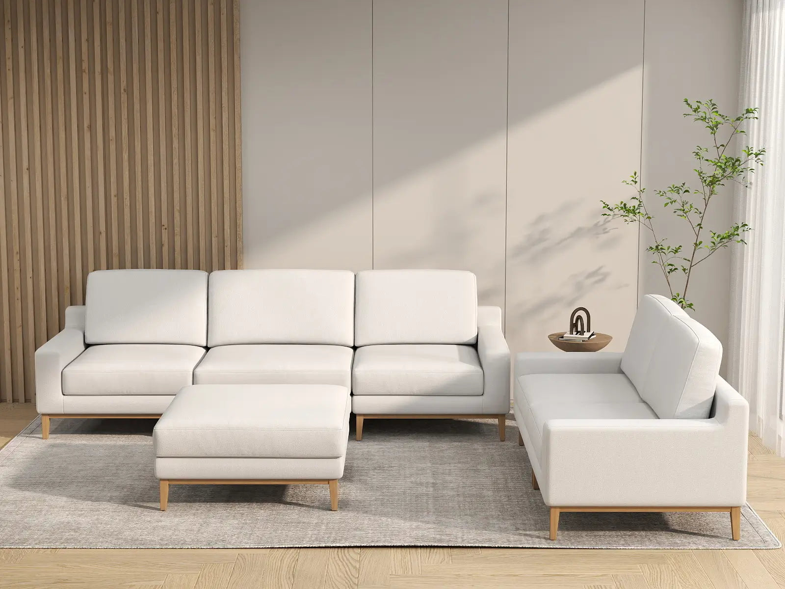 Deluxe Cloud 5-Seater White Large Space Sofa Set | 6-Piece (Includes 1 Ottoman), Linen Look Poly Fabric, Easy To Clean