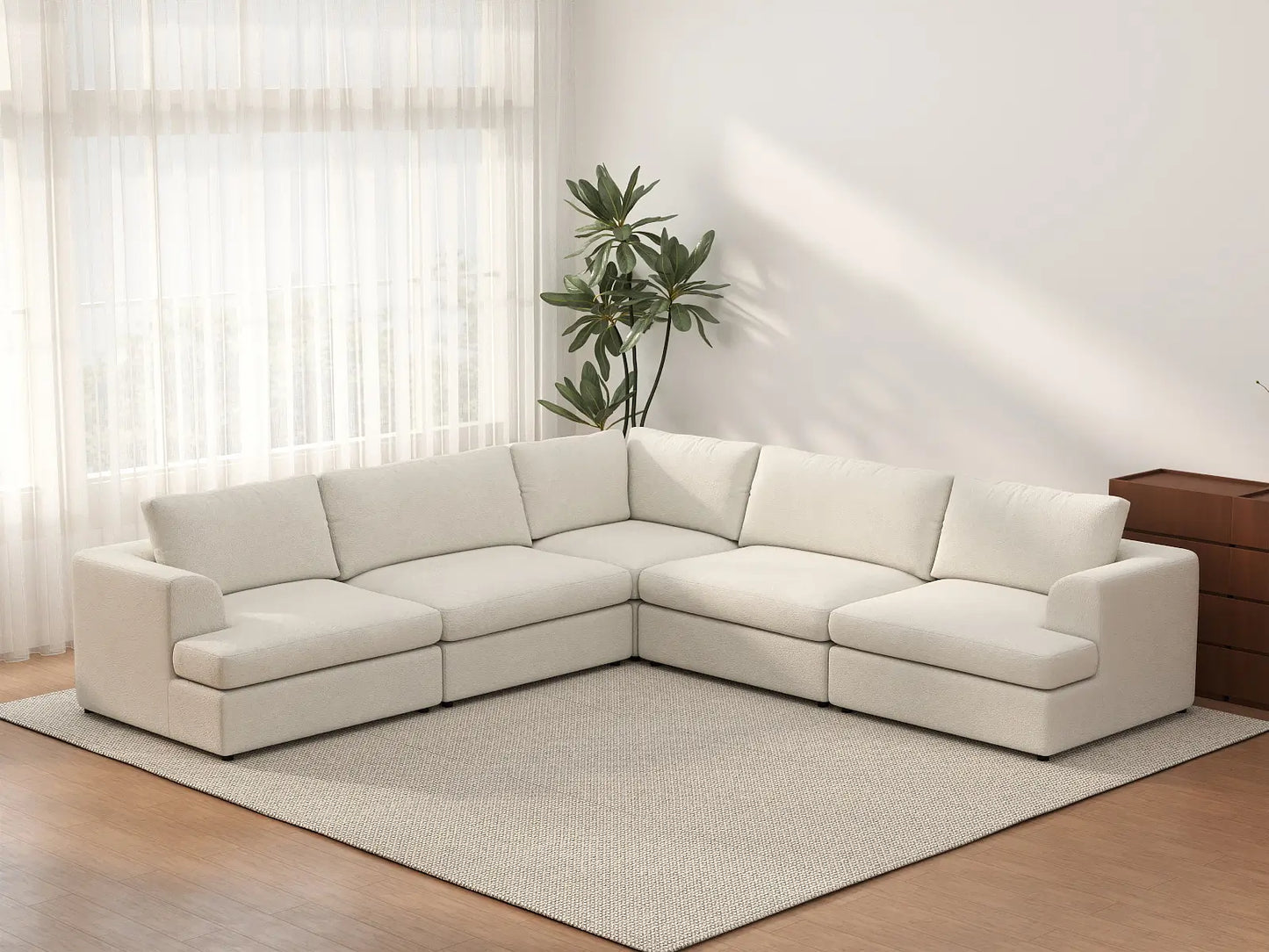Deluxe Cloud 5-Seater White Large Space V-Shaped Sectional | 5-Piece, Bouclé Sherpa-Like Fabric, Easy To Clean