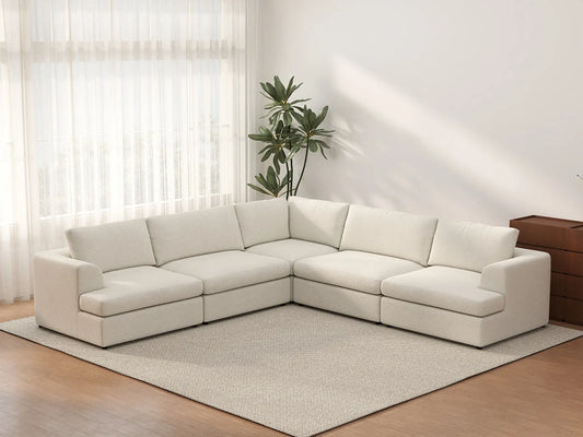 Seccional en forma de V grande de 5 plazas, color blanco nube, de lujo | 5 piezas, tela tipo sherpa bouclé, fácil de limpiar