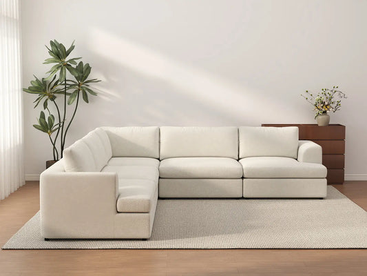 Seccional en forma de V grande de 5 plazas, color blanco nube, de lujo | 5 piezas, tela tipo sherpa bouclé, fácil de limpiar