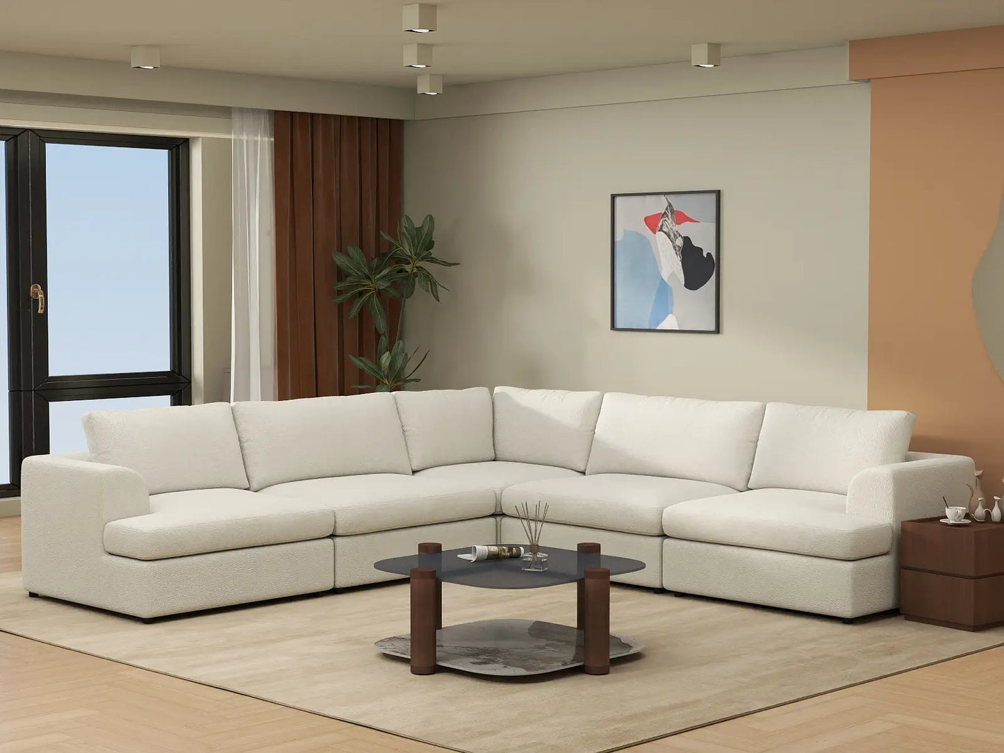 Deluxe Cloud 5-Seater White Large Space V-Shaped Sectional | 5-Piece, Bouclé Sherpa-Like Fabric, Easy To Clean