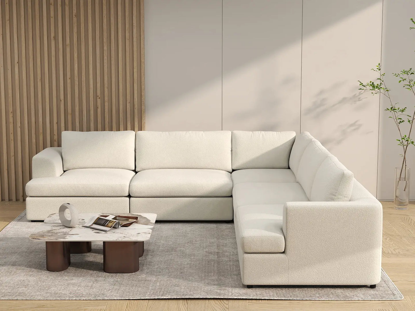 Deluxe Cloud 5-Seater White Large Space V-Shaped Sectional | 5-Piece, Bouclé Sherpa-Like Fabric, Easy To Clean