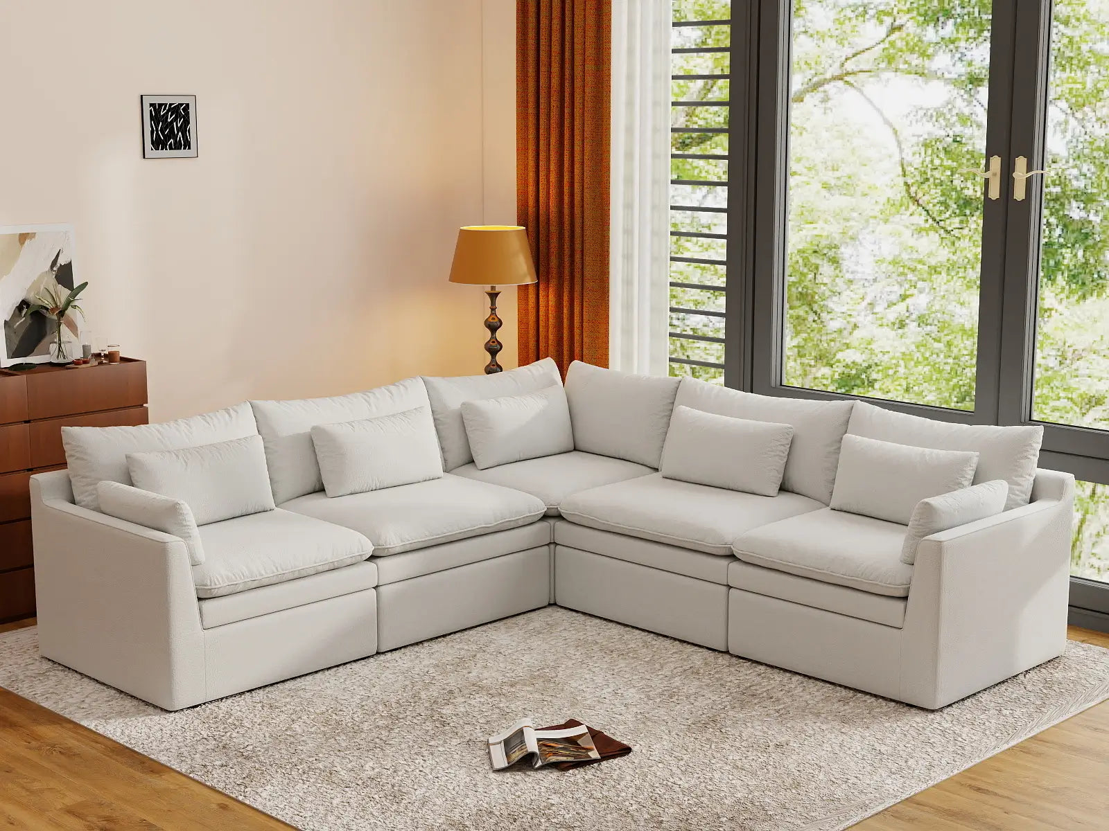 Deluxe Cloud 5-Seater White Large Space V-Shaped Sectional | 5-Piece, Linen Look Poly Fabric, Easy To Clean
