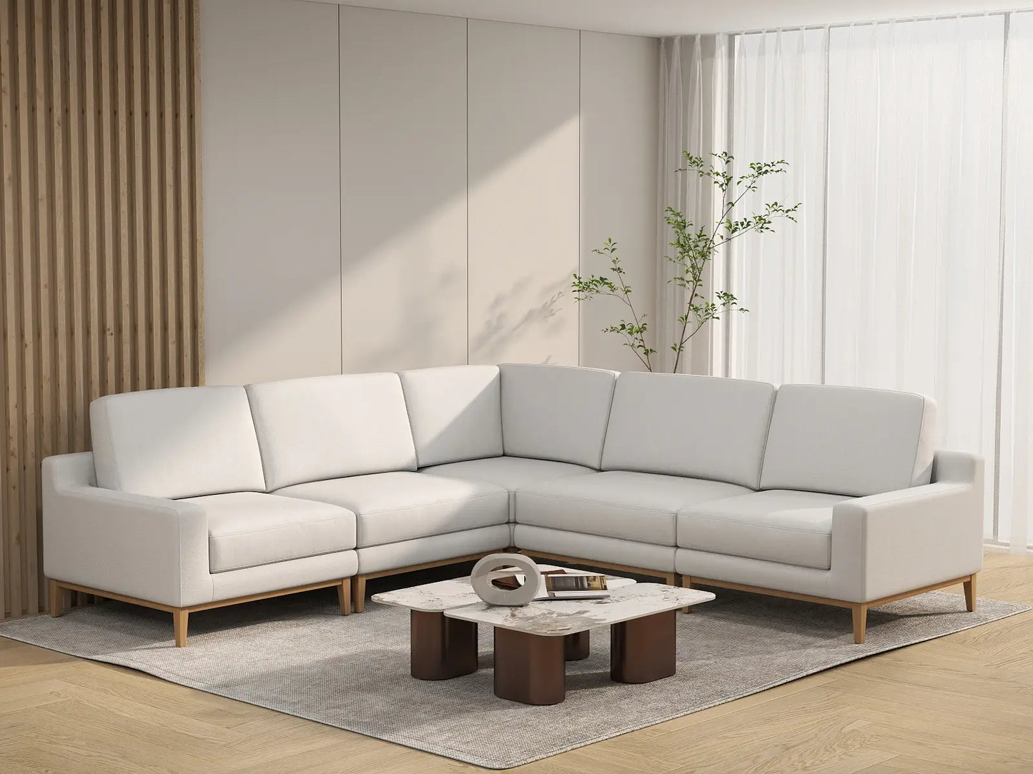 Deluxe Cloud 5-Seater White Large Space V-Shaped Sectional | 5-Piece, Linen Look Poly Fabric, Easy To Clean