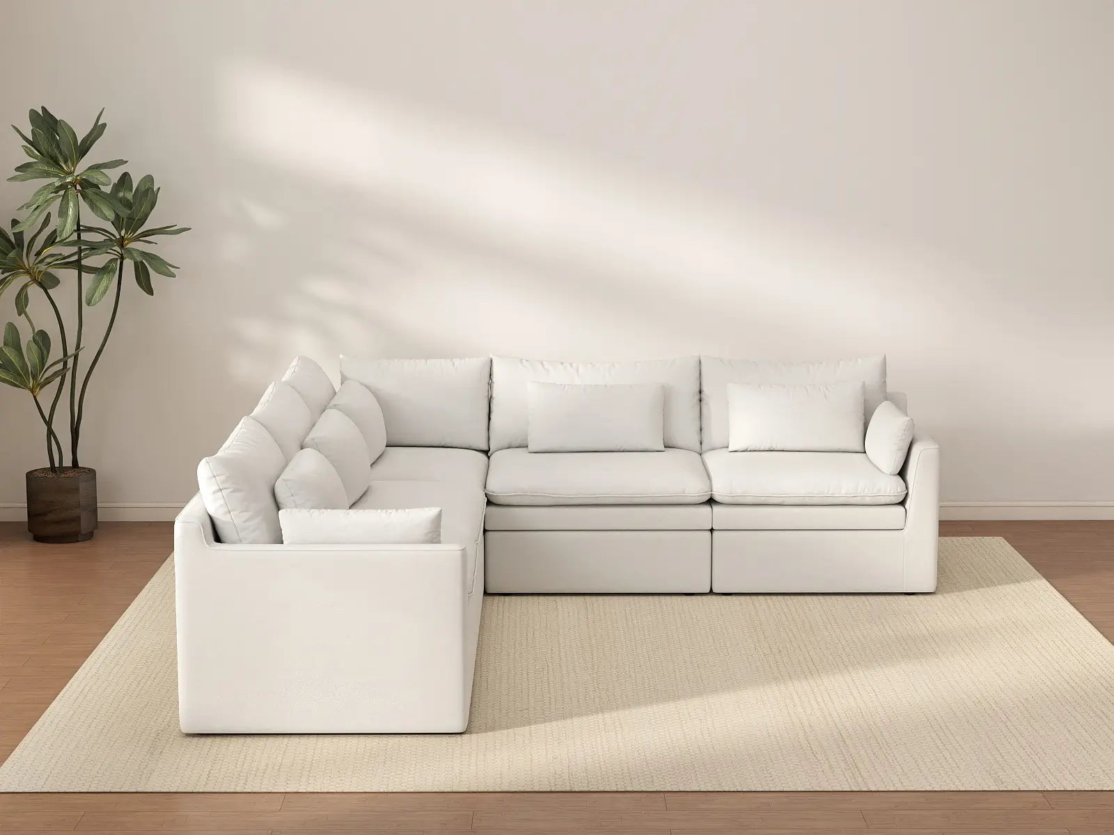 Deluxe Cloud 5-Seater White Large Space V-Shaped Sectional | 5-Piece, Linen Look Poly Fabric, Easy To Clean
