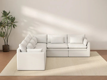 Deluxe Cloud 5-Seater White Large Space V-Shaped Sectional | 5-Piece, Linen Look Poly Fabric, Easy To Clean