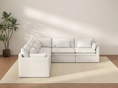 Deluxe Cloud 5-Seater White Large Space V-Shaped Sectional | 5-Piece, Linen Look Poly Fabric, Easy To Clean