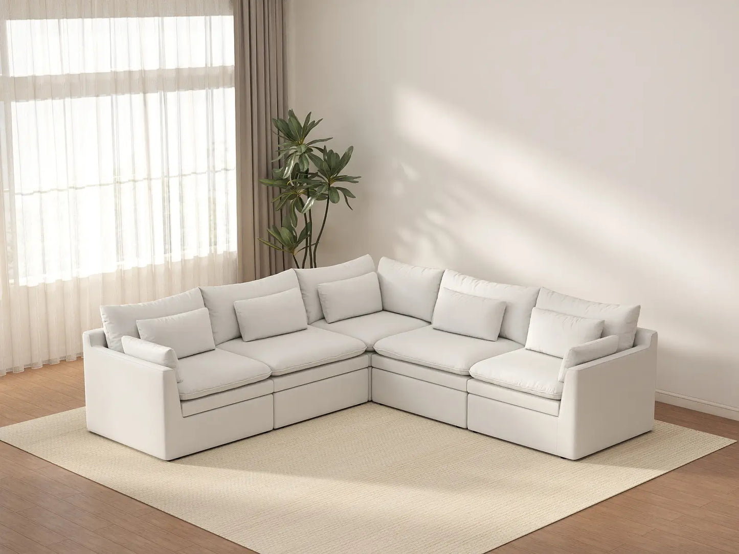 Deluxe Cloud 5-Seater White Large Space V-Shaped Sectional | 5-Piece, Linen Look Poly Fabric, Easy To Clean