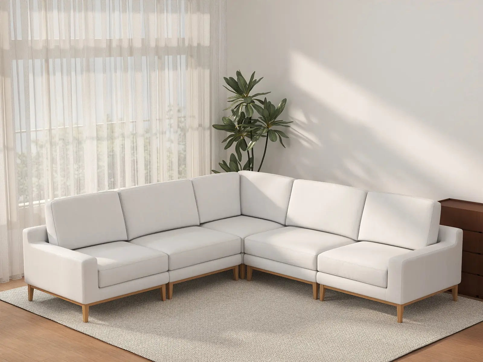 Deluxe Cloud 5-Seater White Large Space V-Shaped Sectional | 5-Piece, Linen Look Poly Fabric, Easy To Clean