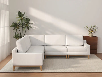 Deluxe Cloud 5-Seater White Large Space V-Shaped Sectional | 5-Piece, Linen Look Poly Fabric, Easy To Clean