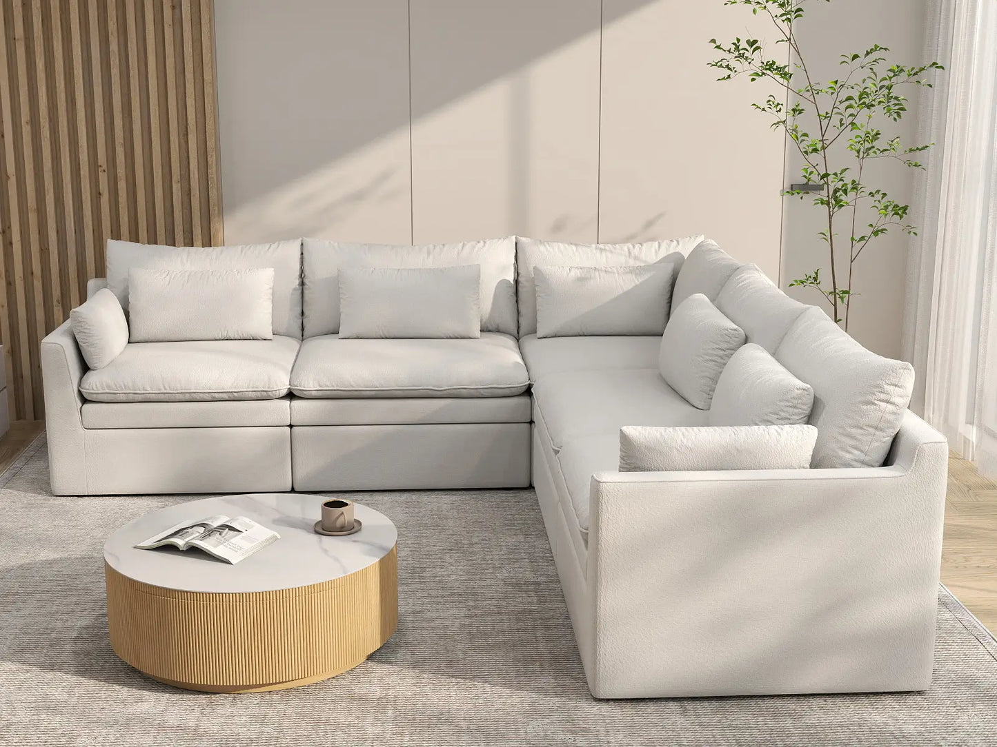 Deluxe Cloud 5-Seater White Large Space V-Shaped Sectional | 5-Piece, Linen Look Poly Fabric, Easy To Clean