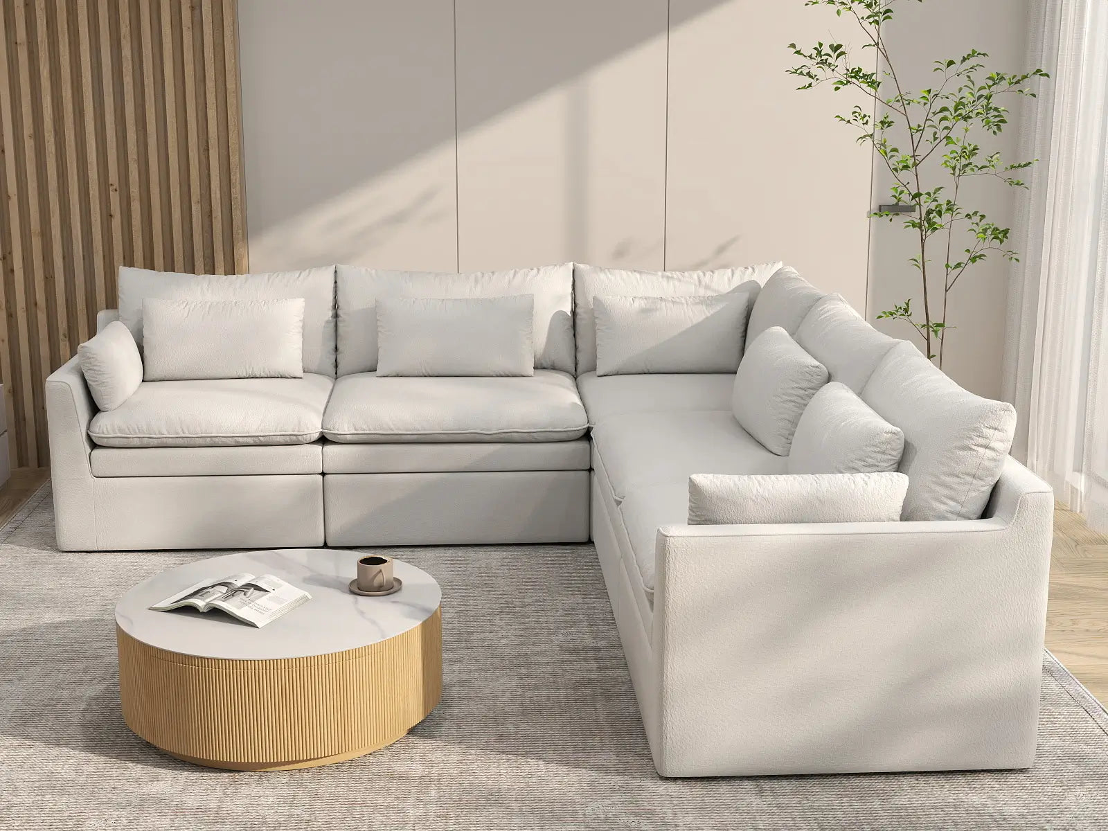 Deluxe Cloud 5-Seater White Large Space V-Shaped Sectional | 5-Piece, Linen Look Poly Fabric, Easy To Clean