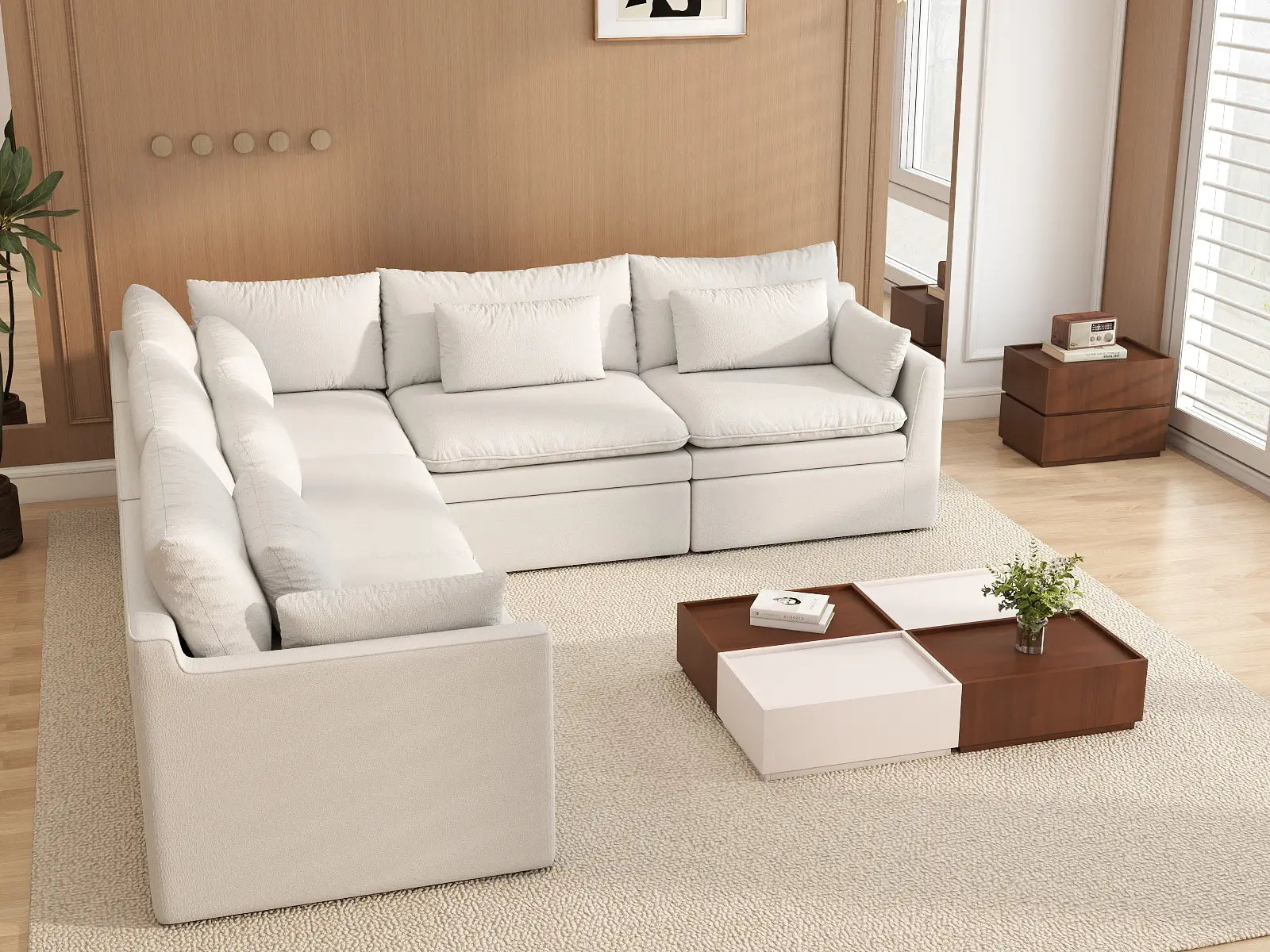 Deluxe Cloud 5-Seater White Large Space V-Shaped Sectional | 5-Piece, Linen Look Poly Fabric, Easy To Clean