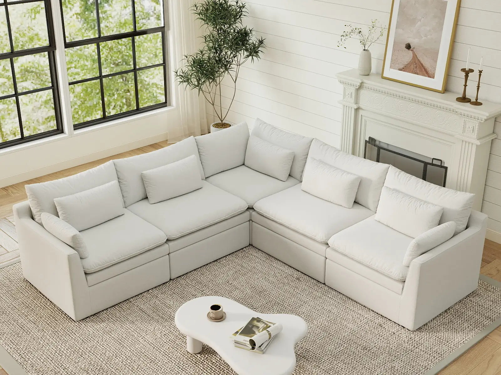Deluxe Cloud 5-Seater White Large Space V-Shaped Sectional | 5-Piece, Linen Look Poly Fabric, Easy To Clean