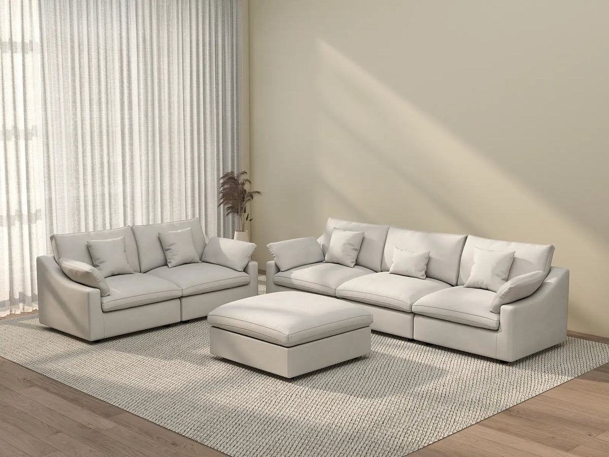 Deluxe Cloud 5-Seater White Pit Sectional | 6-Piece (Includes 1 Ottoman), Chenille And Linen Fabric, Washable Cushion Covers