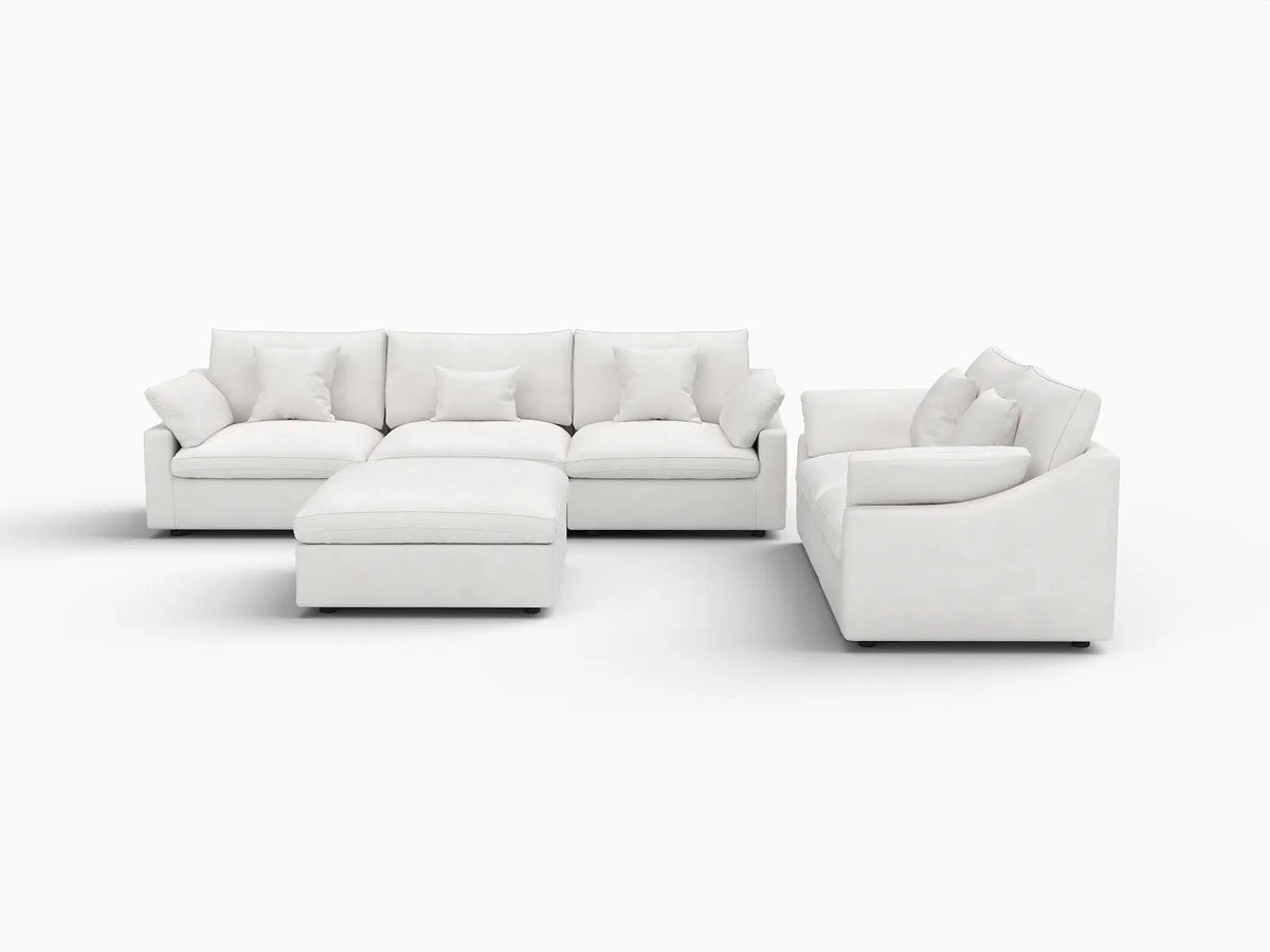 Deluxe Cloud 5-Seater White Pit Sectional | 6-Piece (Includes 1 Ottoman), Chenille And Linen Fabric, Washable Cushion Covers