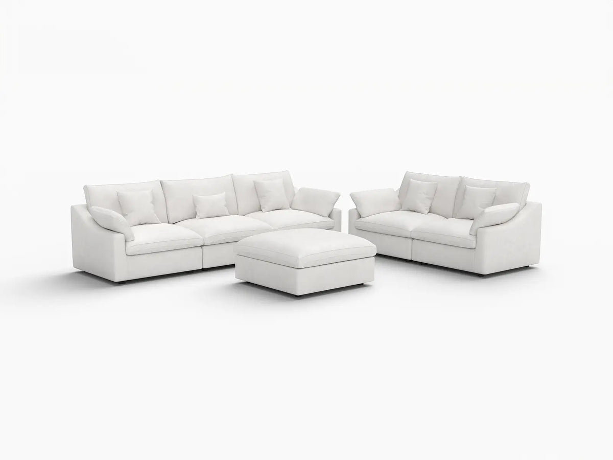 Deluxe Cloud 5-Seater White Pit Sectional | 6-Piece (Includes 1 Ottoman), Chenille And Linen Fabric, Washable Cushion Covers