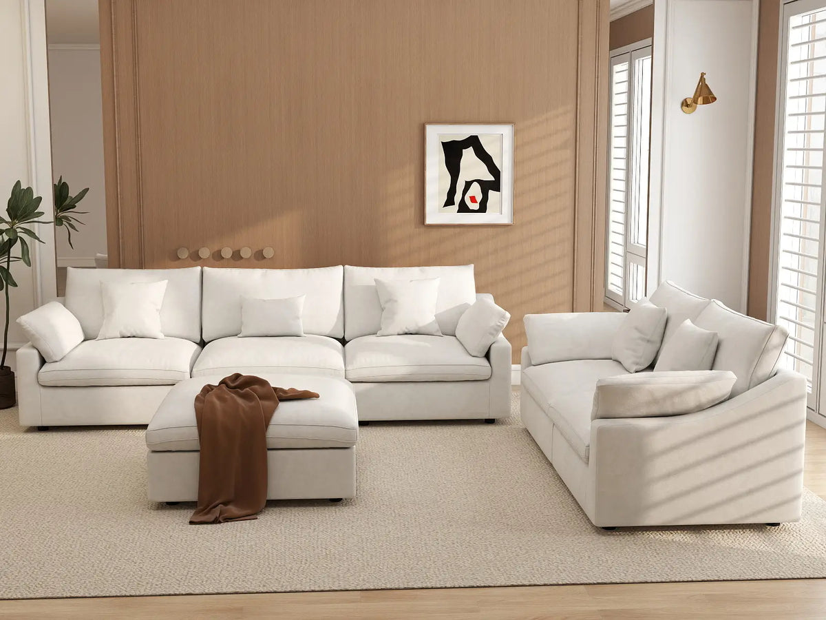 Deluxe Cloud 5-Seater White Pit Sectional | 6-Piece (Includes 1 Ottoman), Chenille And Linen Fabric, Washable Cushion Covers
