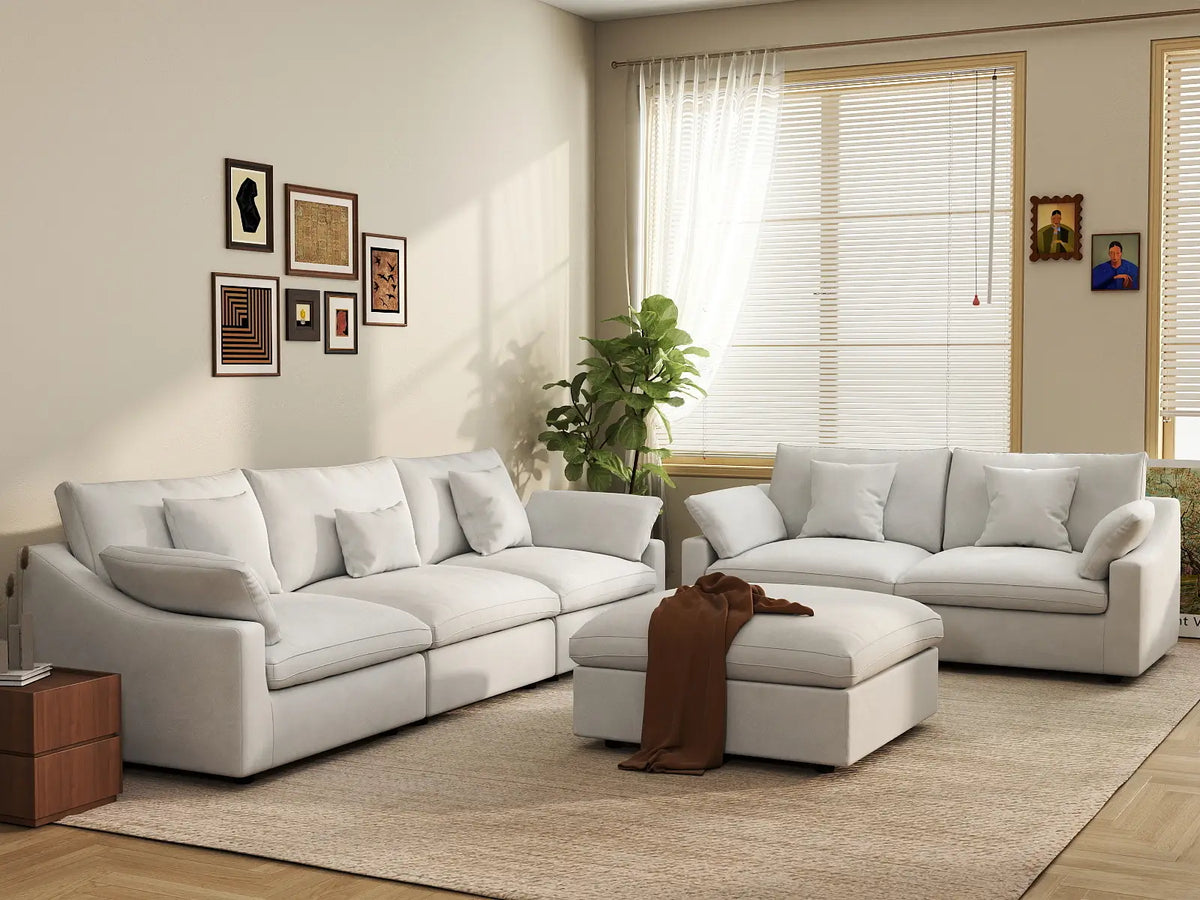Deluxe Cloud 5-Seater White Pit Sectional | 6-Piece (Includes 1 Ottoman), Chenille And Linen Fabric, Washable Cushion Covers