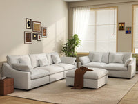 Deluxe Cloud 5-Seater White Pit Sectional | 6-Piece (Includes 1 Ottoman), Chenille And Linen Fabric, Washable Cushion Covers