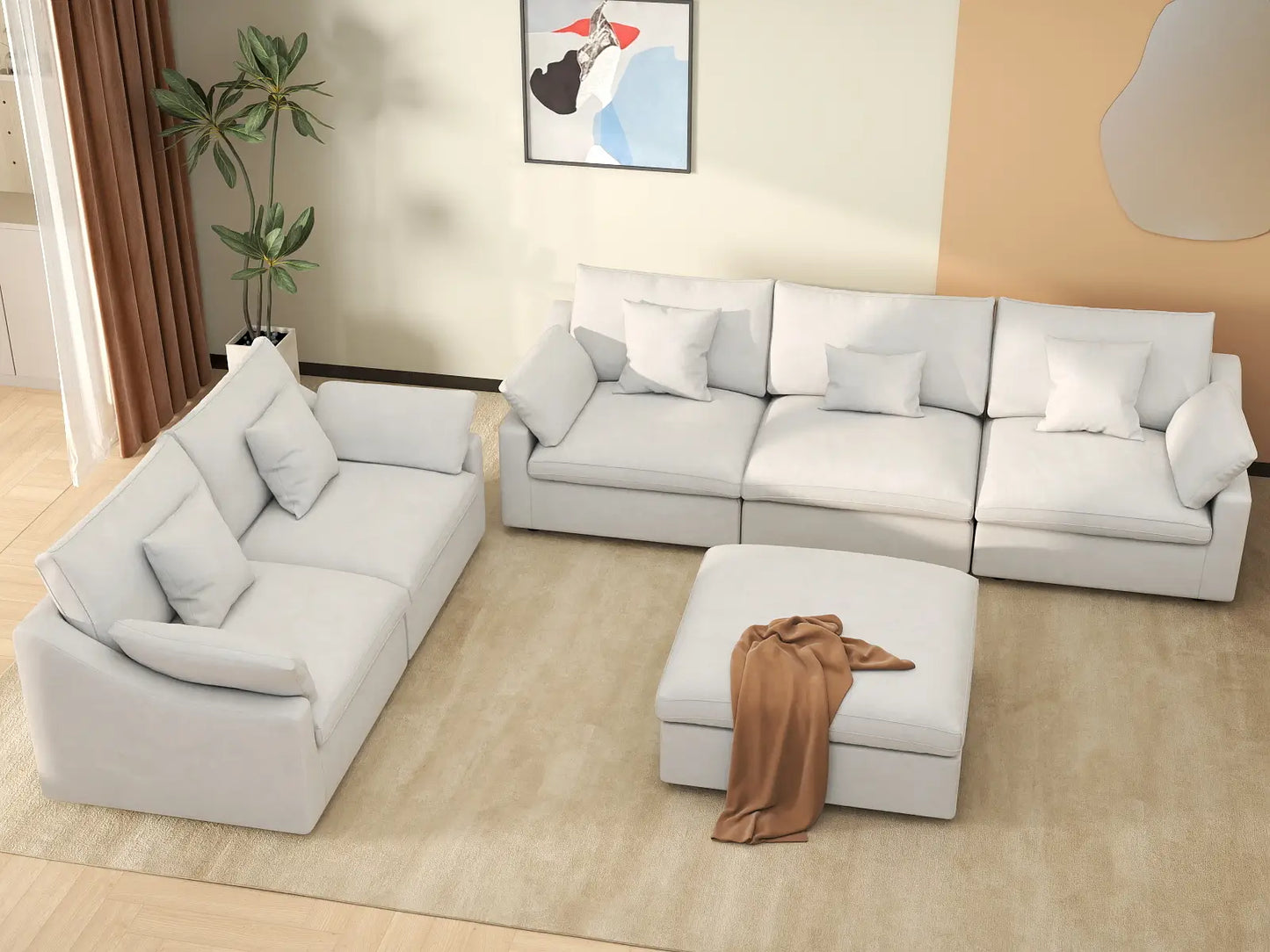 Deluxe Cloud 5-Seater White Pit Sectional | 6-Piece (Includes 1 Ottoman), Chenille And Linen Fabric, Washable Cushion Covers