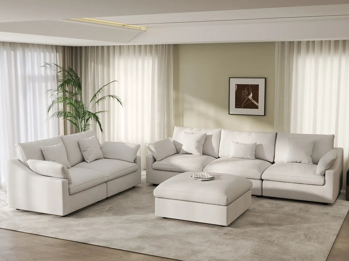 Deluxe Cloud 5-Seater White Pit Sectional | 6-Piece (Includes 1 Ottoman), Chenille And Linen Fabric, Washable Cushion Covers