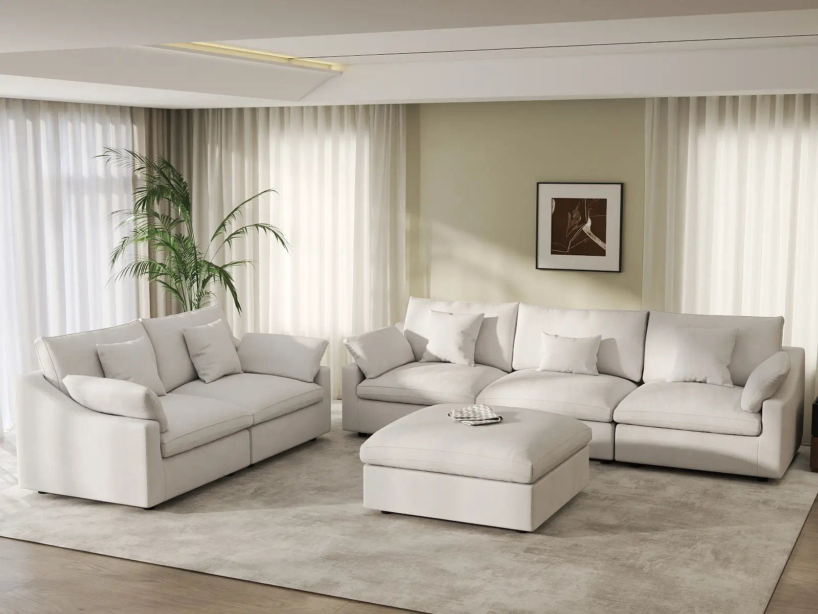 Deluxe Cloud 5-Seater White Pit Sectional | 6-Piece (Includes 1 Ottoman), Chenille And Linen Fabric, Washable Cushion Covers