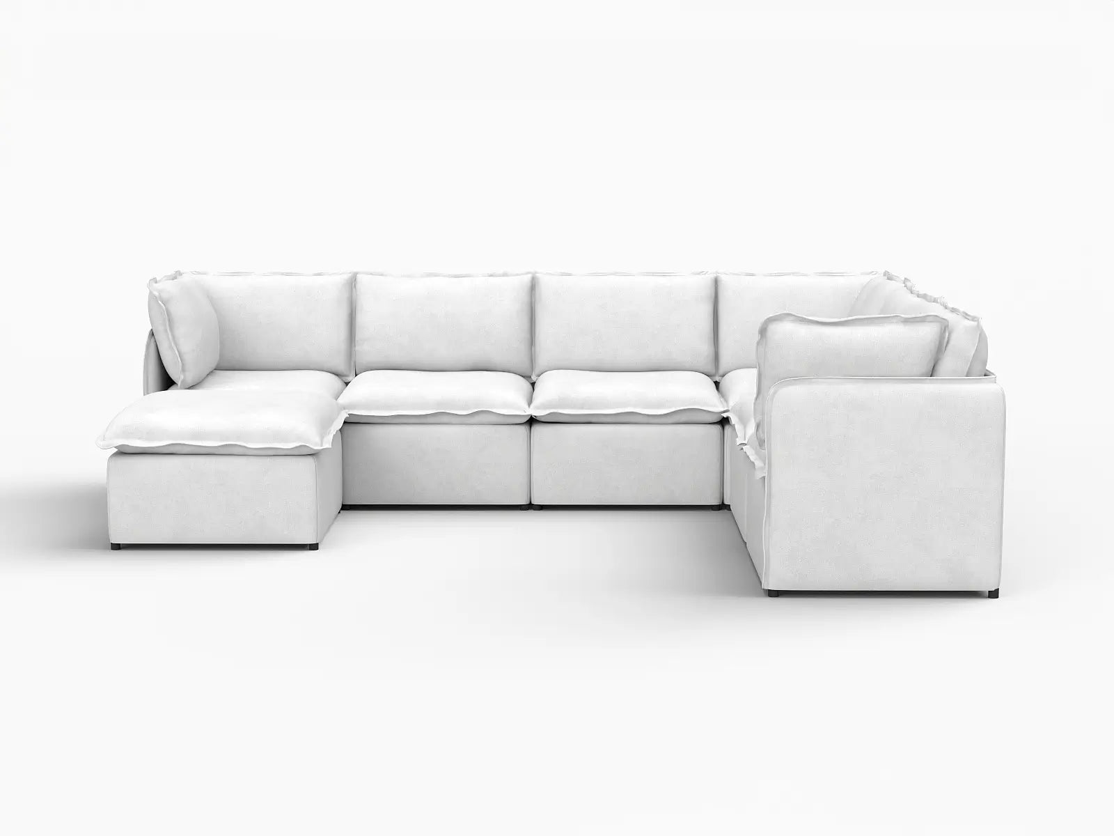 Deluxe Cloud 6-Seater Beige Large Space Sofa Set | 7-Piece (Includes 1 Ottoman), Linen Look Poly Fabric, Easy To Clean
