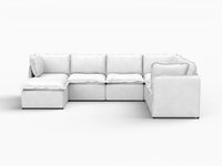 Deluxe Cloud 6-Seater Beige Large Space Sofa Set | 7-Piece (Includes 1 Ottoman), Linen Look Poly Fabric, Easy To Clean