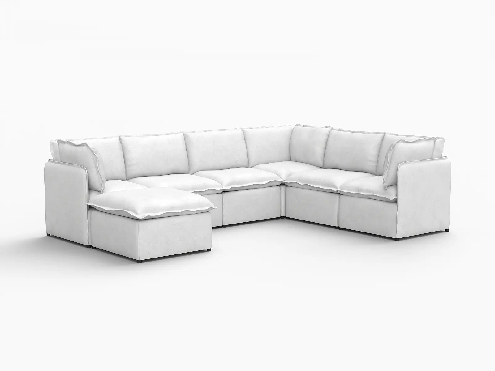 Deluxe Cloud 6-Seater Beige Large Space Sofa Set | 7-Piece (Includes 1 Ottoman), Linen Look Poly Fabric, Easy To Clean