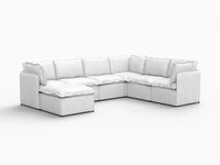Deluxe Cloud 6-Seater Beige Large Space Sofa Set | 7-Piece (Includes 1 Ottoman), Linen Look Poly Fabric, Easy To Clean