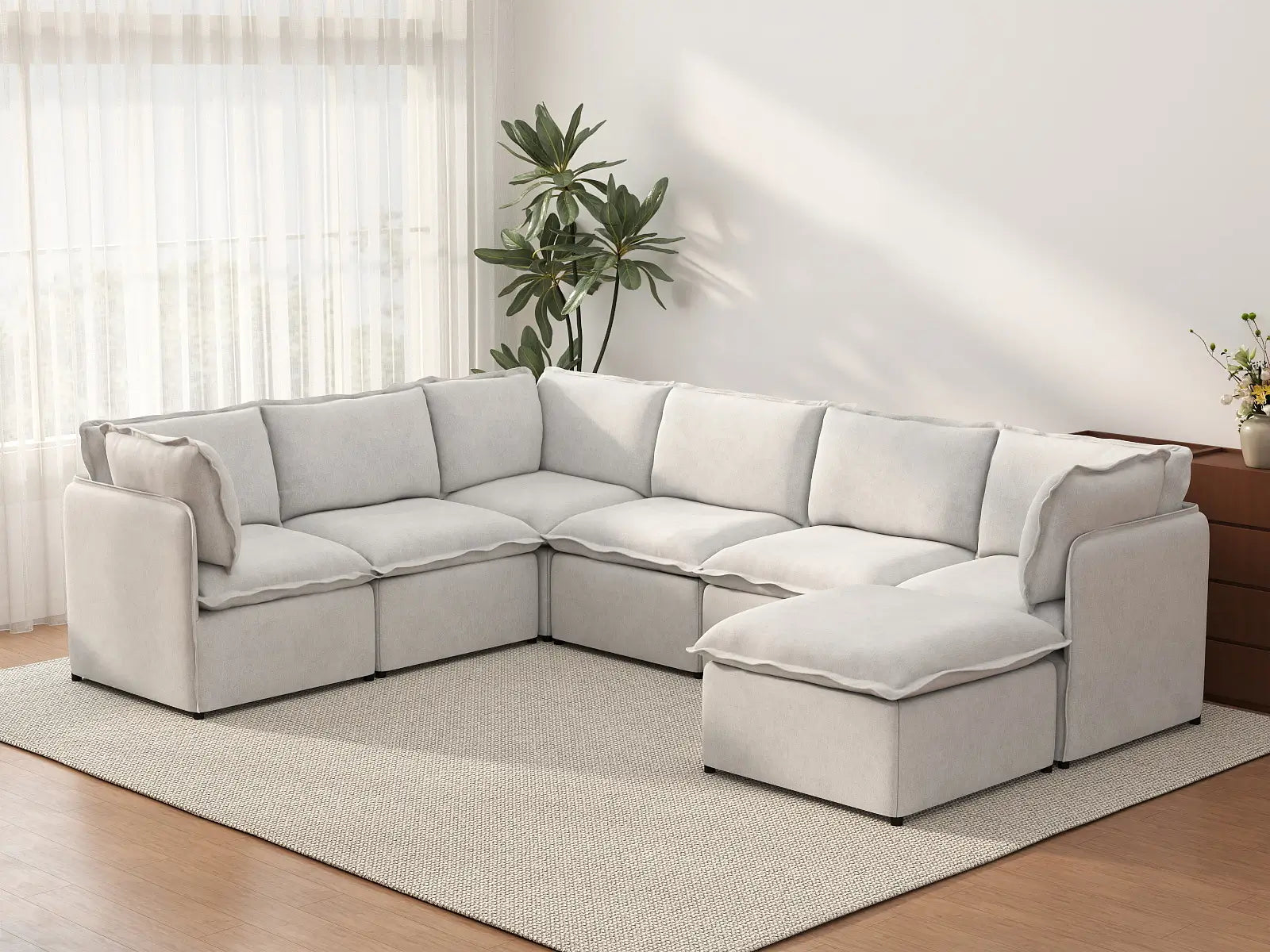 Deluxe Cloud 6-Seater Beige Large Space Sofa Set | 7-Piece (Includes 1 Ottoman), Linen Look Poly Fabric, Easy To Clean