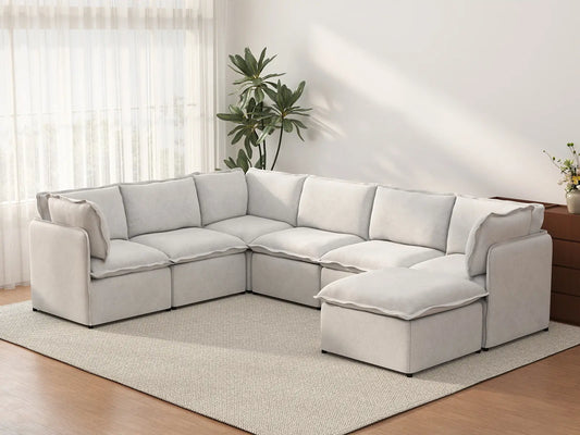 Deluxe Cloud 6-Seater Beige Large Space Sofa Set | 7-Piece (Includes 1 Ottoman), Linen Look Poly Fabric, Easy To Clean