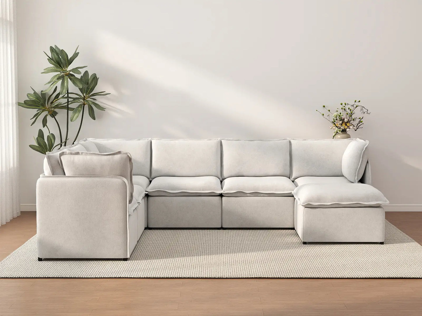 Deluxe Cloud 6-Seater Beige Large Space Sofa Set | 7-Piece (Includes 1 Ottoman), Linen Look Poly Fabric, Easy To Clean