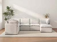 Deluxe Cloud 6-Seater Beige Large Space Sofa Set | 7-Piece (Includes 1 Ottoman), Linen Look Poly Fabric, Easy To Clean