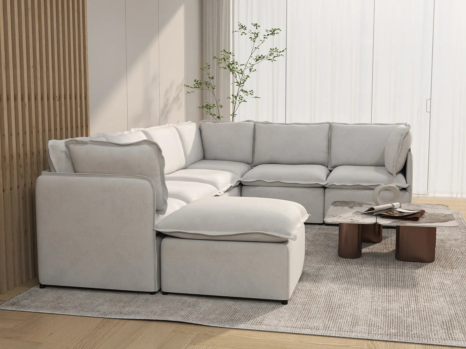 Deluxe Cloud 6-Seater Beige Large Space Sofa Set | 7-Piece (Includes 1 Ottoman), Linen Look Poly Fabric, Easy To Clean