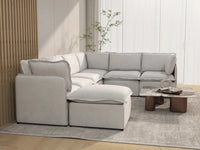 Deluxe Cloud 6-Seater Beige Large Space Sofa Set | 7-Piece (Includes 1 Ottoman), Linen Look Poly Fabric, Easy To Clean