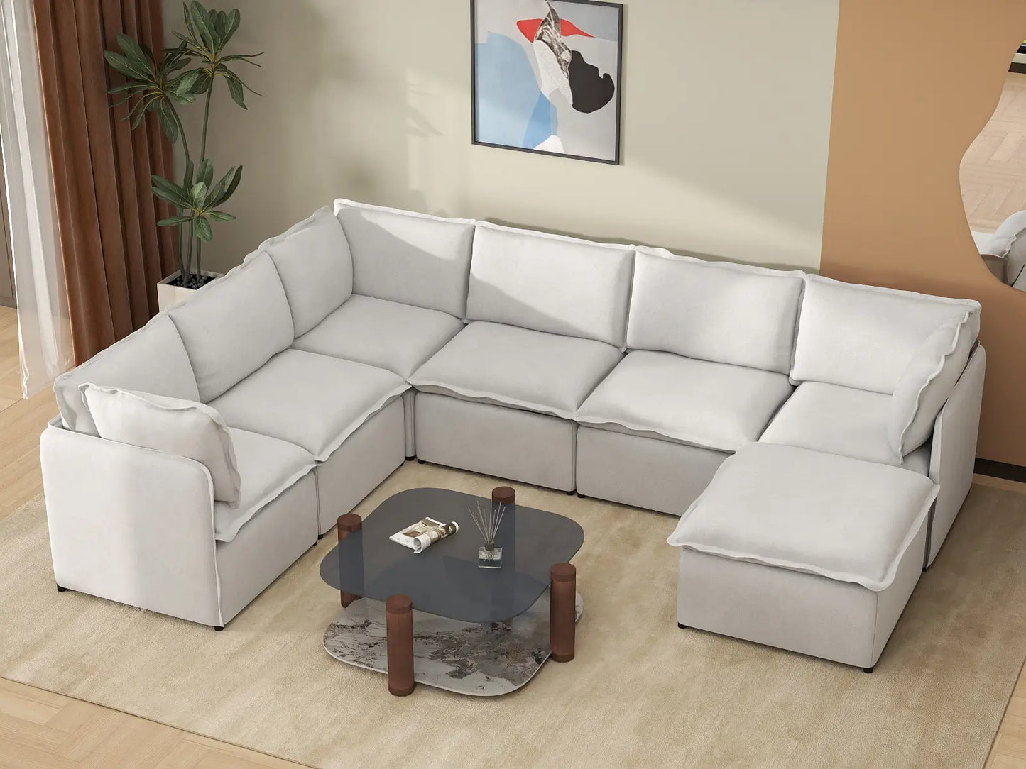 Deluxe Cloud 6-Seater Beige Large Space Sofa Set | 7-Piece (Includes 1 Ottoman), Linen Look Poly Fabric, Easy To Clean